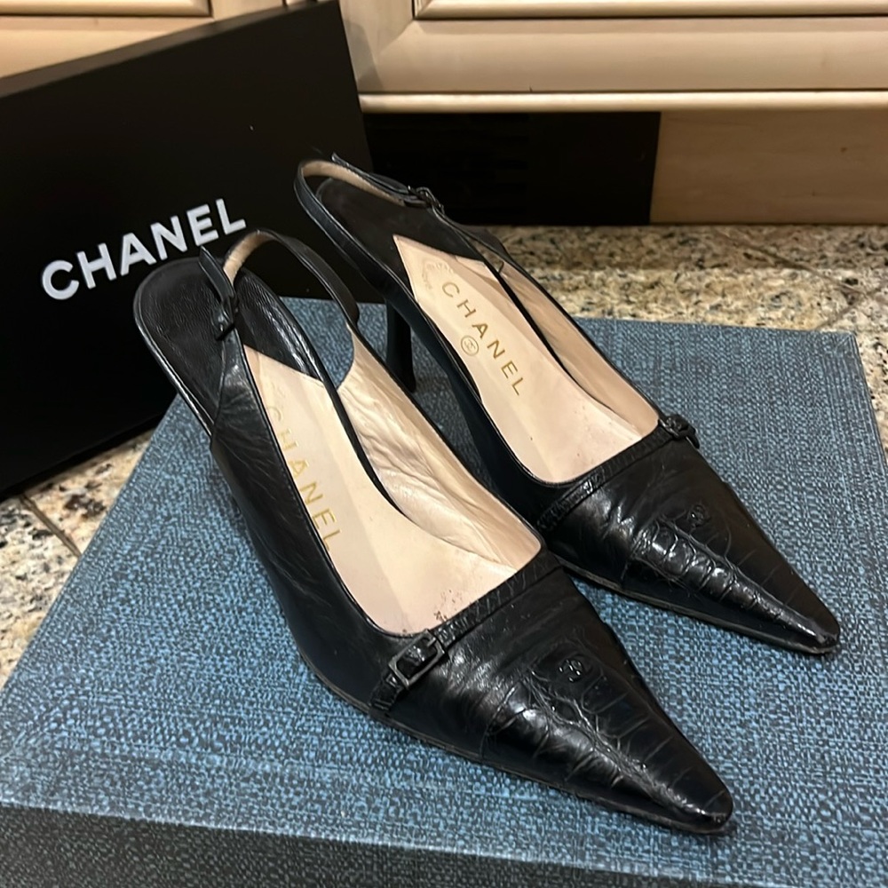 Chanel black sling back croc/leather style